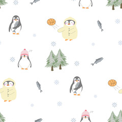 Cute Winter Seamless Pattern with Penguins, Fir Trees, and Snow