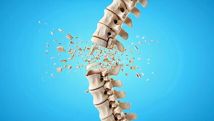 3D medical illustration of human spine showing osteoporosis bone loss. Visualizes vertebrae deterioration, calcium deficiency, brittle structure, spinal weakness, anatomy, diagnosis, treatment.
