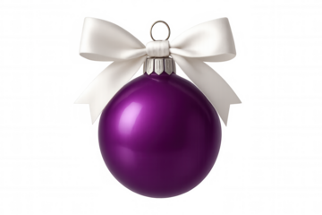 Purple christmas bauble decorating festive holidays, hanging ornament displaying a white bow, transparent background