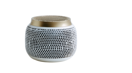 Modern wireless speaker with metallic top and round design isolated on white background