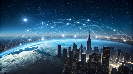 Global Network Connecting a Modern Cityscape Under a Starry Night Sky