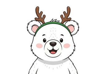 Cute cartoon polar bear wearing reindeer antlers and green headband animal