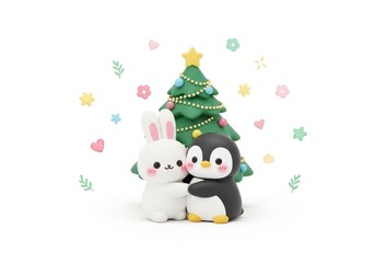 Cute bunny and penguin hugging near a decorated Christmas tree rabbit