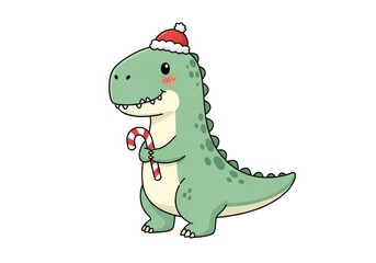 Obraz premium Cute green dinosaur wearing a Santa hat holding a candy cane cartoon christmas
