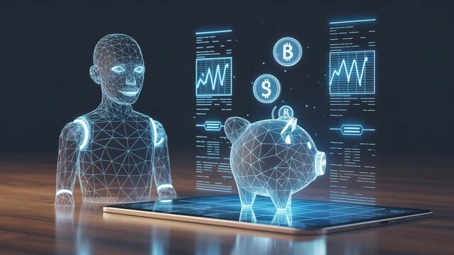 AI Investment: A futuristic scene unfolds with an AI robot interacting with a virtual piggy bank and financial data, symbolizing smart and digital investment. - Powered by Adobe