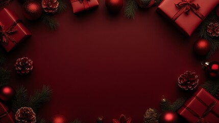 Festive Christmas Border Featuring Wrapped Gifts and Shiny Ornaments Arranged on Dark Red Background in Flat Lay Top View with Ample Copy Space