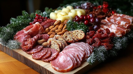 Festive Christmas Breakfast Platter Featuring Assorted Meats and Fresh Foods on Wooden Board