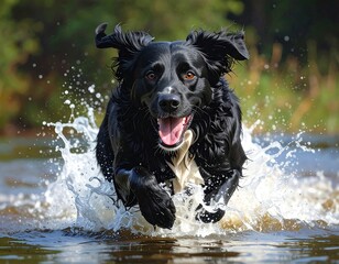 Black and white dog running through water splashes