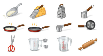 Collection of kitchen utensils and cooking equipment including grater, pans, scissors, measuring cups, and rolling pin