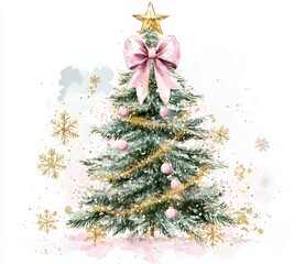 Festive Christmas tree with pink bow on top featuring pink and gold glitter snowflakes against white background