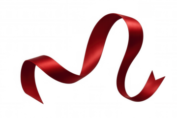 Red satin ribbon floating smoothly, creating an elegant wave shape. Isolated on transparent background