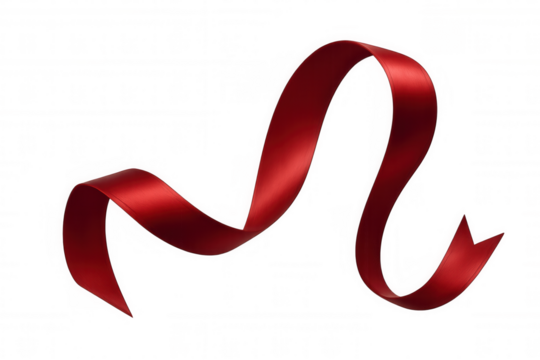 Red satin ribbon floating smoothly, creating an elegant wave shape. Isolated on transparent background