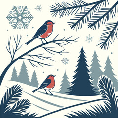 Obraz premium Winter scene with two robins perched on branches amidst snow-covered trees and falling snowflakes, evoking a peaceful and festive atmosphere