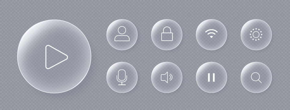 Glass button interface icon with light frame isolated on transparent background. Abstract 3d button panel for mobile phone interface or web, vector illustration. Play, sound, mic or search icons.