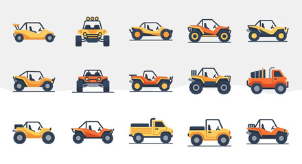 Collection of Diverse Off-Road Buggies and Trucks in Flat Design Style.