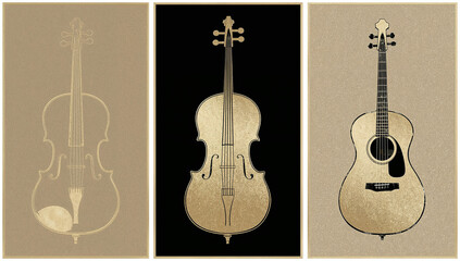 Fototapeta premium Musical Instrument Silhouette Triptych Wall Art with Gold Accents
