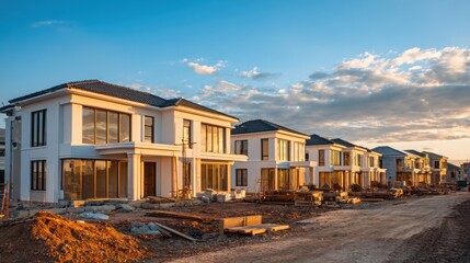 A row of newly built modern suburban houses under construction during sunset