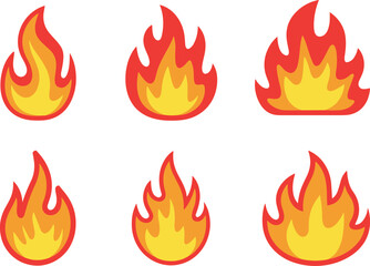 Flame icon set, red yellow fire vector, stylized heat symbols, burning energy illustration, UI design, editable graphic elements