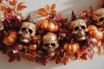 A decorative fall wreath, featuring gold-toned skulls, pumpkins, and autumnal leaves, creates a captivating Halloween ambiance.