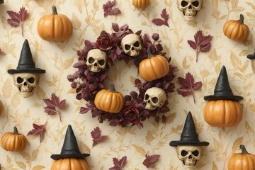 Halloween decorative arrangement featuring miniature pumpkins, skulls, and a wreath, displayed on a cream-colored patterned background.