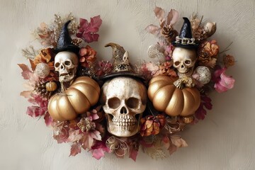 A decorative fall wreath, featuring stylized skulls and pumpkins, is displayed against a neutral background.