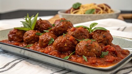 Fototapeta premium Savory meatball appetizers in tangy tomato sauce on a platter , appetizer, meatball, savory, tangy, tomato sauce, dinner