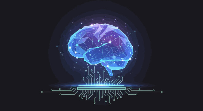 Digital brain illustration connected to a circuit board, symbolizing artificial intelligence and technology.