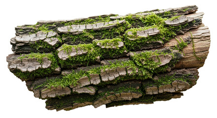 Textured Tree Bark with Green Moss Isolated Transparent Element