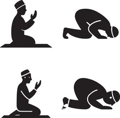 Muslim Prayer Silhouette Vector icon or logo Illustration Islamic Worship Salah Namaz Poses Man Praying Religious Devotion Artwork for Mosque Ramadan Eid and Spiritual Design