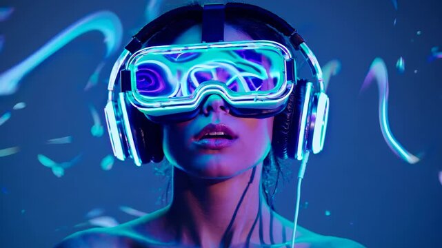 Woman in VR headset surrounded by neon lights. Futuristic headset glows with virtual lines. Gaming world, technology, glasses, future, virtual, cyber, woman, reality expressed through headset