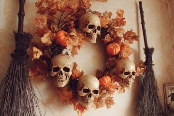 A decorative Halloween wreath, adorned with skulls, leaves, and pumpkins, hangs on a wall with a witch's broom.