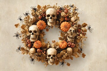 A decorative Halloween wreath, featuring skulls, pumpkins, leaves, and spiders, creates a spooky yet elegant autumnal display against a textured neutral backdrop.