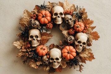 An autumnal Halloween wreath, crafted with decorative skulls, pumpkins, and leaves, displays a spooky yet charming design against a neutral backdrop.