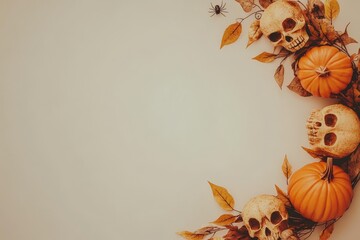 Autumnal Halloween decorations create a spooky border on a neutral backdrop.