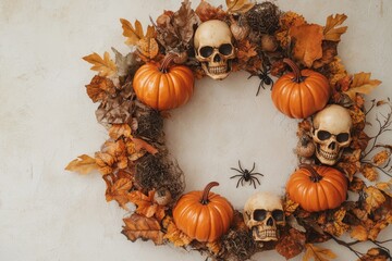 A circular fall wreath, crafted with decorative gourds, skulls, and autumn leaves, presents a festive and spooky autumnal display.