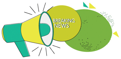Megaphone with Breaking news. Social media propaganda and information. Public event. Paper texture background. Trendy Halftone Collage. Contemporary vector illustration art 