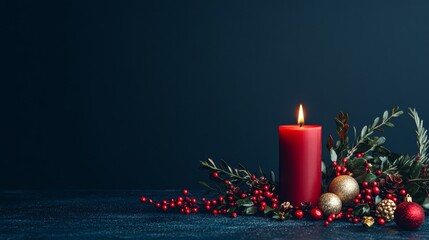 Red Advent Candle with Festive Christmas Decorations on Dark Blue Background for Blank Greeting Card First Sunday
