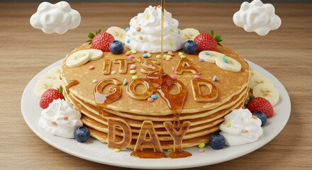 Pancake Stack with Syrup Spelling 'It's a Good Day', Whipped Cream, Fresh Fruit, and Sprinkles