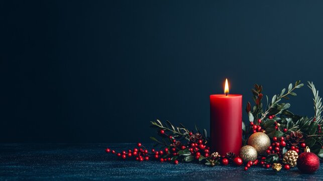 Red Advent Candle with Festive Christmas Decorations on Dark Blue Background for Blank Greeting Card First Sunday