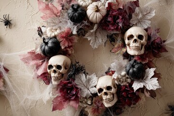 A decorative Halloween wreath, featuring skulls, leaves, pumpkins, and spiderwebs, adorns a beige wall.