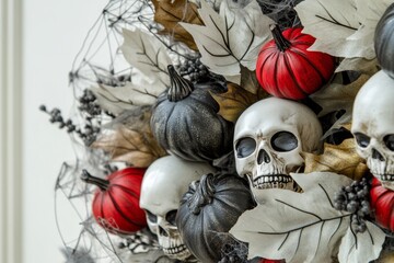 A detailed autumnal wreath featuring decorative pumpkins and skulls, arranged on a background of leaves and spiderwebs.