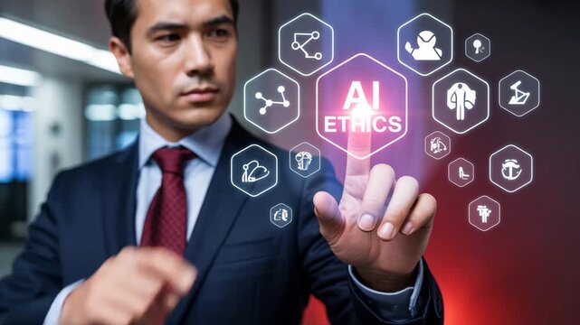 Navigating the Digital Compass: A focused business professional in a tailored suit, with the AI ethics interface projecting an aura of modern responsibility.