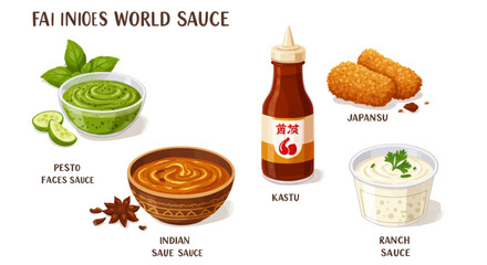 Assortment of World Sauces and Dips Featuring Pesto, Indian, Katsu, and Ranch