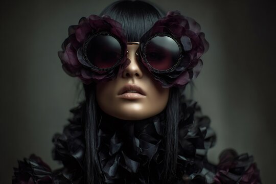 Woman wearing unique oversized sunglasses with dark floral accents, showcasing a mysterious and avant garde fashion style