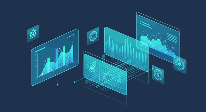 Futuristic digital interface displaying data visualizations with charts and graphs, glowing.