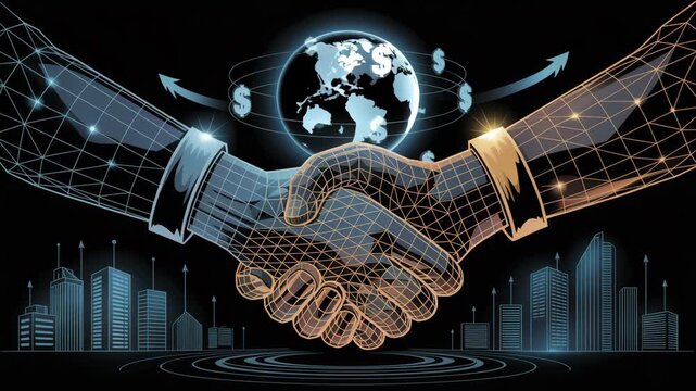 Digital handshake in business deal: A stylized representation of a digital handshake, symbolizing the power of a business deal, with global connections and financial transactions at the forefront. 