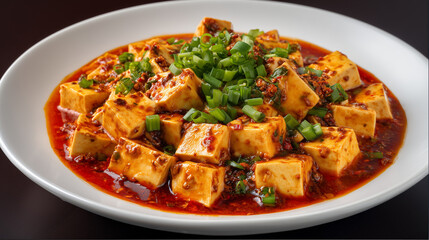 真っ赤な辣油と豆板醤のソースが食欲をそそる濃厚な麻婆豆腐に新鮮な青ネギをたっぷりのせた本格中華料理