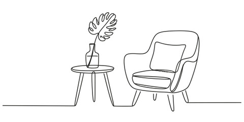 Continuous line drawing vector illustration of a cozy armchair and plant table vector