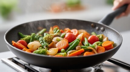 Colorful Stir-Fried Vegetables in a Skillet with Fresh Ingredients and Steam Rising in a Bright Kitchen Setting
