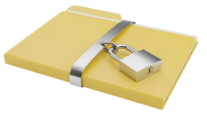 Secure document folder locked with padlock for data privacy and protection concept yellow file security on transparent background